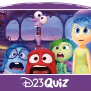 From left to right, Sadness, Anger, Fear, Disgust, and Joy from the movie Inside Out are at the control panel inside the headquarters of Riley's emotions. They are looking in shock at something in front of them. The interior of the room is purple with large windows, and the panel is cream.