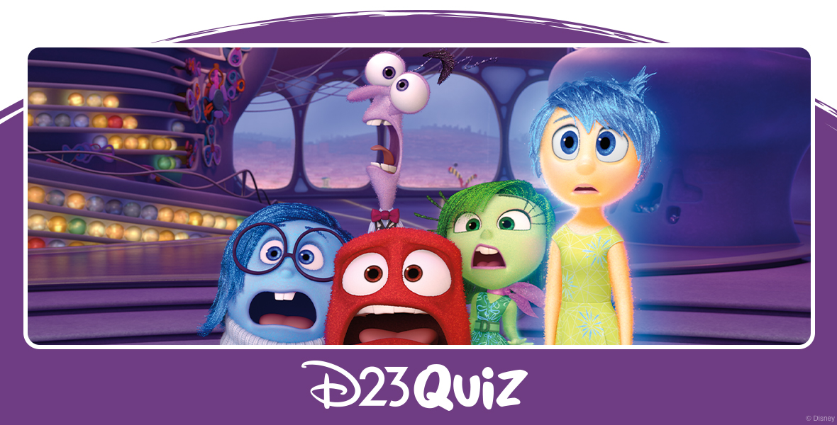 From left to right, Sadness, Anger, Fear, Disgust, and Joy from the movie Inside Out are at the control panel inside the headquarters of Riley's emotions. They are looking in shock at something in front of them. The interior of the room is purple with large windows, and the panel is cream.