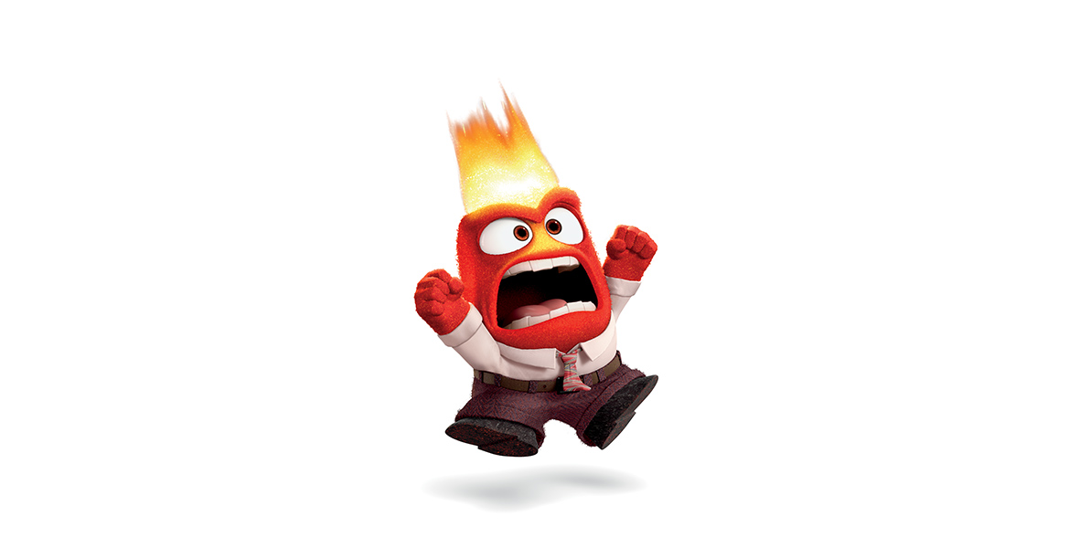 Anger from the movie Inside Out has flames emanating from his head. He is red in color, wearing a white shirt and tie, burgundy pants, and black loafers. With his hands clenched in fists up in the air, he exudes a sense of intense rage.