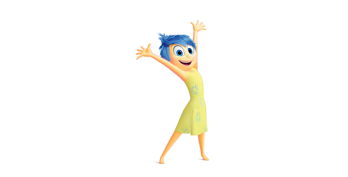 Joy from the movie Inside Out has short blue hair, dressed in a yellow dress adorned with delicate blue flowers. She raises her hands towards the sky, palms open, radiating a sense of boundless positivity and optimism.