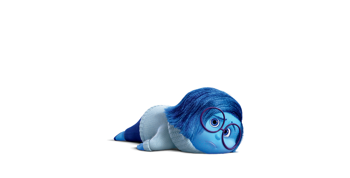 Sadness from the movie Inside Out is depicted lying on the floor with a sad expression. She has blue hair and is wearing black glasses, a white turtleneck sweater, and blue checkered pants. Sadness herself is entirely blue in color.