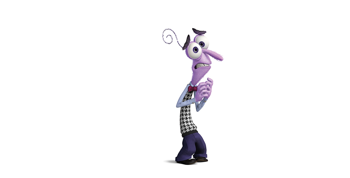 Fear from the movie Inside Out is depicted as entirely purple and appears scared. He is wearing a blue shirt and a checkered, sleeveless sweater with a red bowtie. Fear is also wearing blue corduroy pants and black loafers.