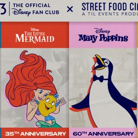 Triptych image of Kevin, Ariel, Penguin and Jack-Jack with D23 Logo and Street Food Cinema, A Til Events Production. Underneath are Anniversaries of each film and title