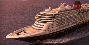 oncept art shows the Disney Destiny ship sailing in the ocean.