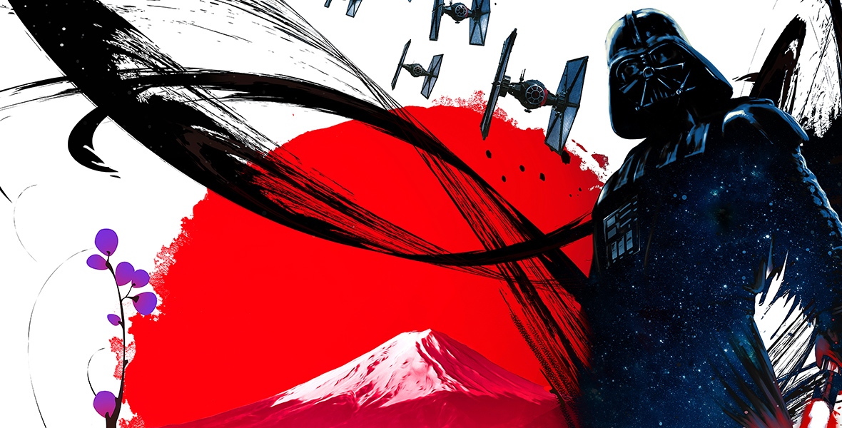 Darth Vader, wielding a red lightsaber, stands before a red circle featuring a mountain in a poster promoting the 2025 Star Wars Celebration in Japan. Surrounding the circle is a branch adorned with purple flowers, while small gray planes dot the background. The bottom of the poster displays the text: "JAPAN 2025 STAR WARS CELEBRATION." 