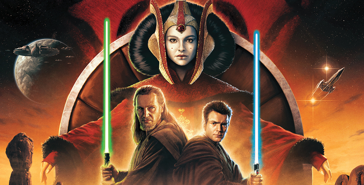 In a poster for the movie Star Wars – Episode I: The Phantom Menace, Liam Neeson as Qui-Gon Jinn (left) and Ewan McGregor as Obi-Wan Kenobi (right) stand back-to-back, holding green and blue lightsabers respectively, dressed in brown Jedi robes. Above them, Natalie Portman as Queen Padmé Amidala wears a red and gold velvet gown with draped sleeves and a gold and red headpiece, her black hair wrapped around it, seated on a metallic throne with orange velvet. Behind Padmé Amidala, Darth Maul's piercing eyes loom. The poster features text from top to bottom: "25th ANNIVERSARY," "EVERY SAGA HAS A BEGINNING," "STAR WARS EPISODE I THE PHANTOM MENACE RETURNS TO THEATERS MAY 3RD, 2024," "WITH AN EXCLUSIVE LOOK AT THE UPCOMING DISNEY+ STAR WARS SERIES THE ACOLYTE," followed by credits for talent and creatives.