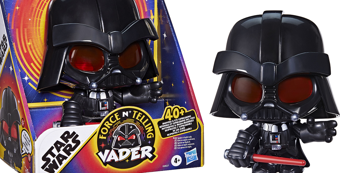 The future-predicting Force N’ Telling Vader toy from Hasbro is pictured inside and outside of its box. 