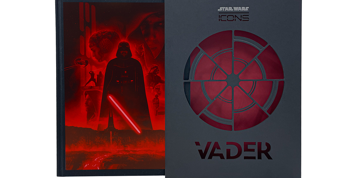 The cover of the book "Star Wars Icons: Darth Vader" displays the text "STAR WARS ICONS: VADER" against a backdrop of a red circle divided diagonally into four equal parts, then further sliced horizontally into unequal parts. In a preview of the book's contents, a red-hued photo featuring Darth Vader and other Star Wars characters is visible in the background.