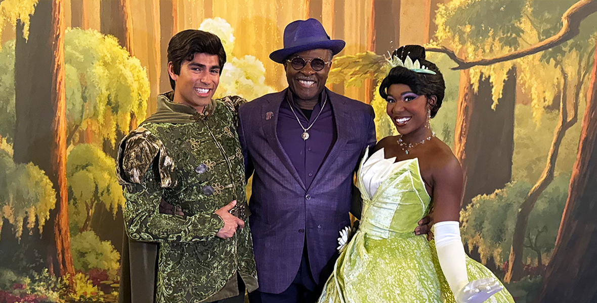 Keith David, voice of Dr. Facilier in Walt Disney Animation Studios’ The Princess and the Frog, poses with Tiana and Naveen against the picturesque backdrop of the magical bayou.
