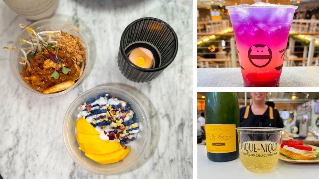 A collage depicting a mini chicken pad thai and a mango sticky rice from White Elephant, a strawberry sunset lemonade from Mini Monster, and the perfect bite and champagne from Pique-Nique. 
