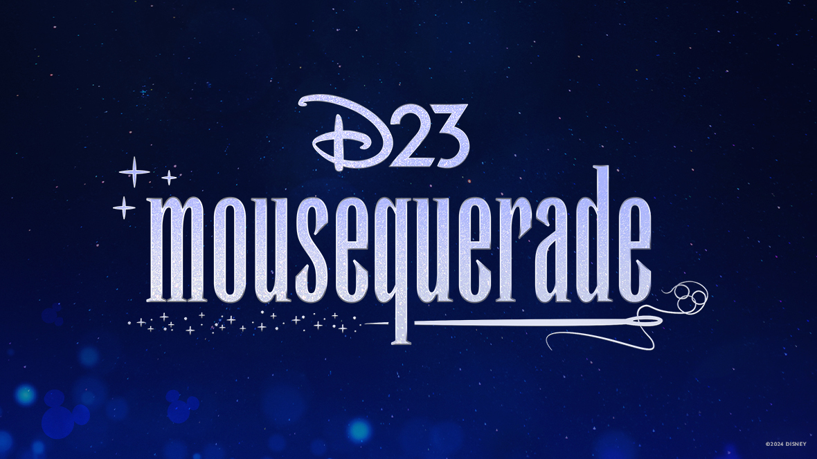 The word “Mousequerade” is written in all lowercase, sparkly white text. Below the word is a needle running parallel to the text, with sparkles coming out of the needle’s tip. A thread is run through the needle’s eye and is wound into the shape of a three-circle Mickey Mouse head. The image is against a dark blue, starry background.