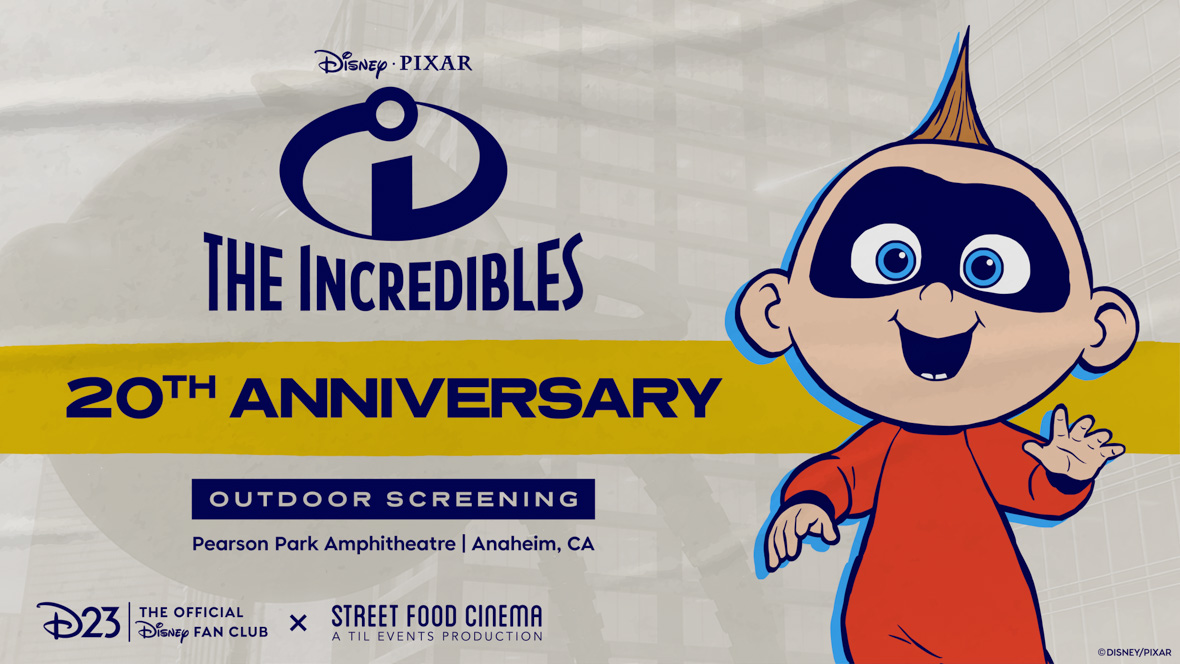 Image of Jack-Jack, waving one hand and smiling in a red onesie. Disney. Pixar. The Incredibles 20th Anniversary, Outdoor Screening, Pearson Park Amphitheatre, Anaheim, California. D23: The Official Disney Fan Club in collaboration with Street Food Cinema, A Til Events Production.