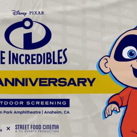 Image of Jack Jack, waving one hand and smiling in a red onesie. Disney. Pixar. The Incredibles 20th Anniversary, Outdoor Screening, Pearson Park Amphitheatre, Anaheim, California. D23: The Official Disney Fan Club in collaboration with Street Food Cinema, A Til Events Production.