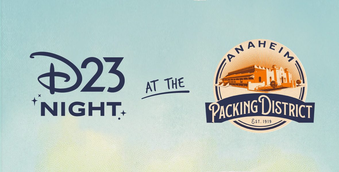 Image of the event name D23 Night at the Anaheim Packing District with the Anaheim Packing District Est. 1919 logo on a blue gradient background.