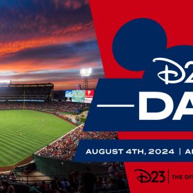 The left half of the image features Angel Stadium during an orange and red sunset, with the haloed A logo of the Los Angeles Angels of Anaheim in the upper left corner. The right side of the image features the words “D23 Day August 4, 2024, Angel Stadium” in white text against a blue background partially shaped to look like Mickey ears. The text and shapes behind it are against a red background the same color as the Angels logo.
