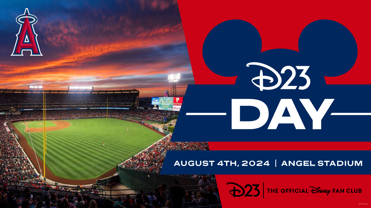 The left half of the image features Angel Stadium during an orange and red sunset, with the haloed A logo of the Los Angeles Angels of Anaheim in the upper left corner. The right side of the image features the words “D23 Day August 4, 2024, Angel Stadium” in white text against a blue background partially shaped to look like Mickey ears. The text and shapes behind it are against a red background the same color as the Angels logo.