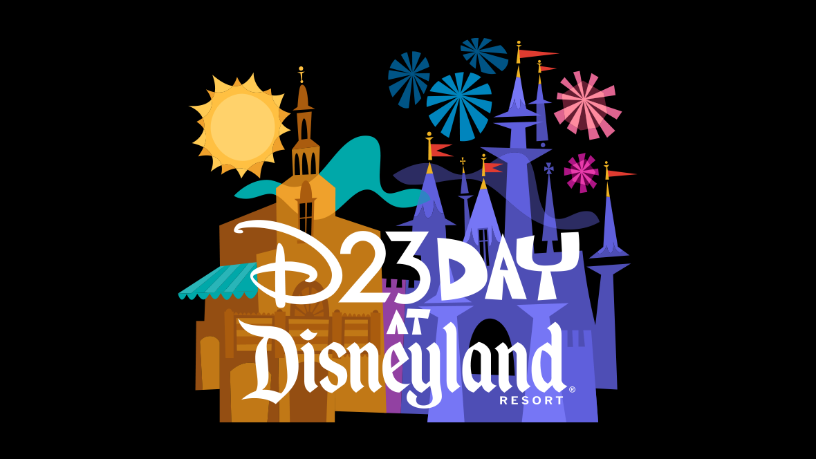 Graphic image of the Event Name “D23 Day at Disneyland” on top of colorful artwork featuring Sleeping Beauty’s Castle at Disneyland and the Carthay Circle restaurant at Disney California Adventure Park. This is on a black background.