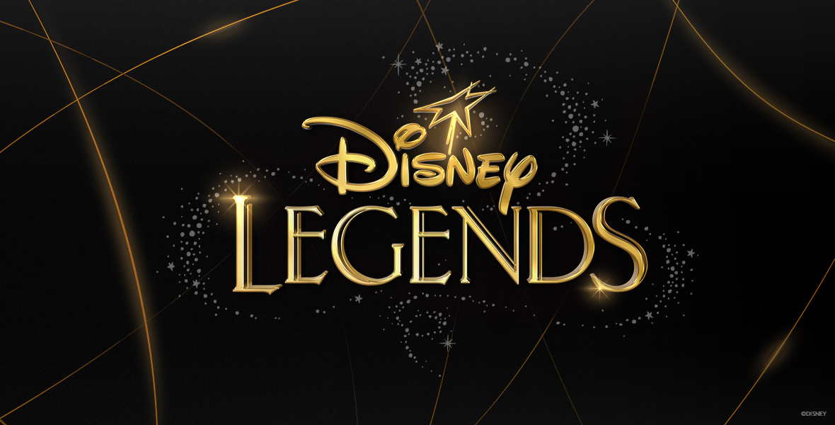 The Disney Legends logo in gold text against a black background. Sparkles and gold lines surround the text.
