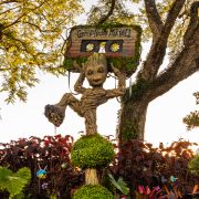 A Horizontal image of the new Groot topiary at EPCOT, surrounded by many plants.
