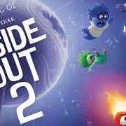 The cover of the book The Art of Inside Out 2, featuring concept art of Fear, Sadness, Joy, Disgust, and Anger falling towards the viewer. To the left of the characters is the title of the book in white text.