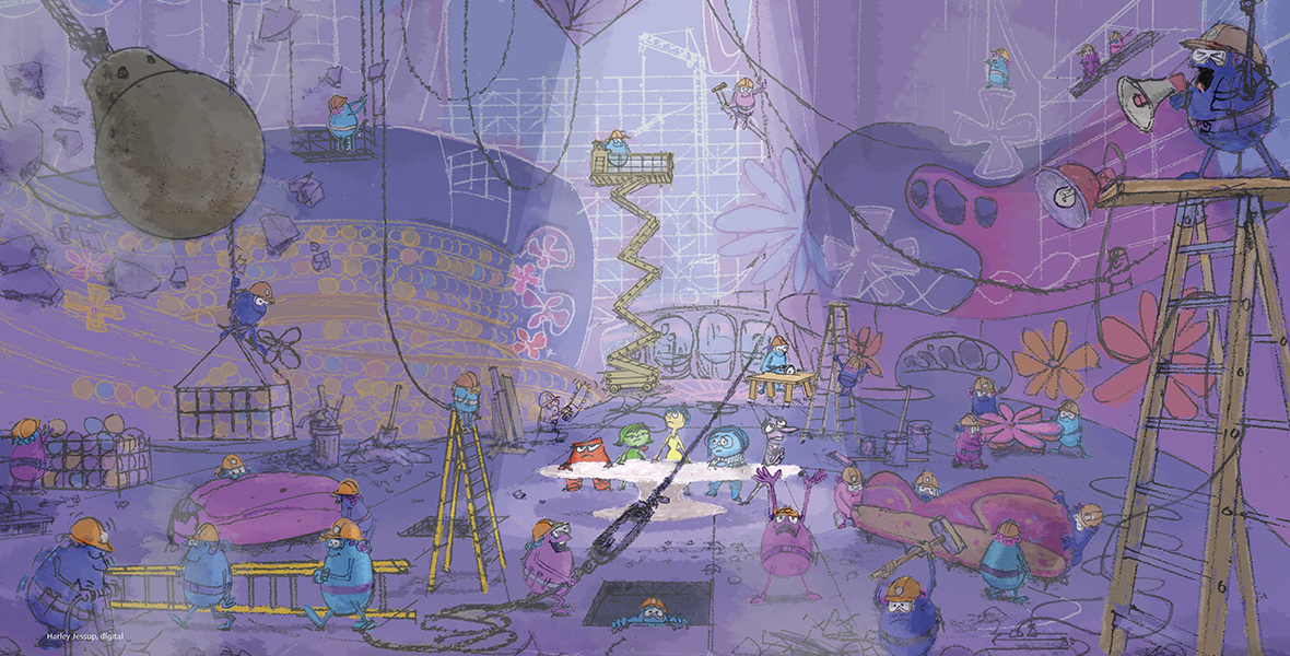 Concept art from Inside Out 2 featuring Anger, Disgust, Joy, and Sadness sitting sadly at their control panel, surrounded by purple construction workers demolishing and rebuilding the space around them.