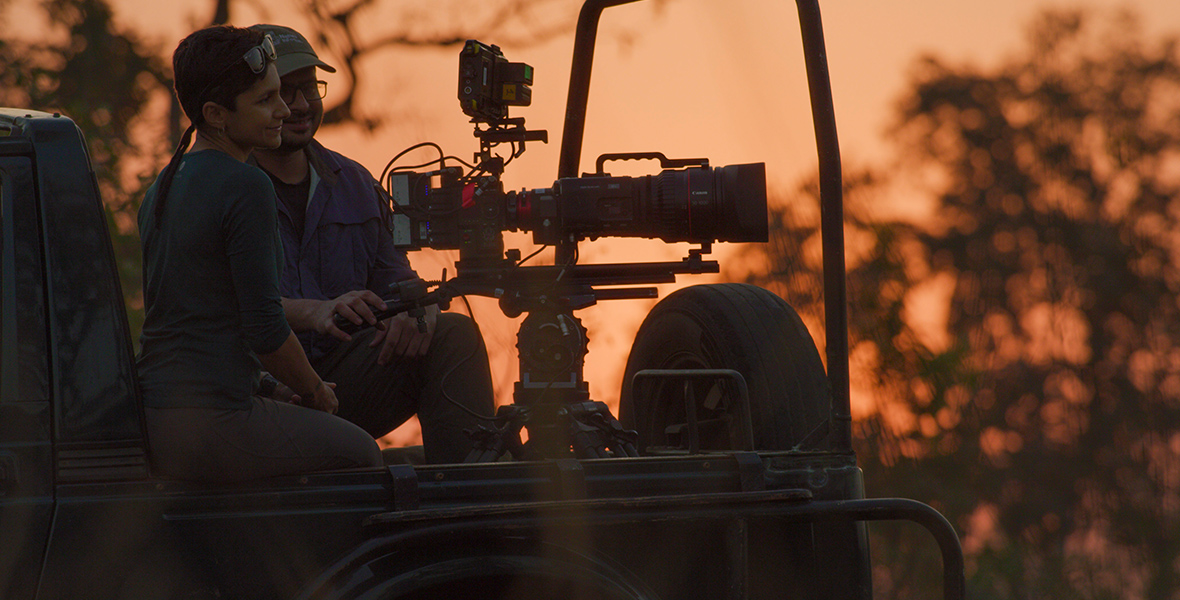 In a scene from Tigers on the Rise, two filmmakers are recording wildlife in the back of a jeep recording wildlife in a darkened landscape. The outline of trees is visible behind them.
