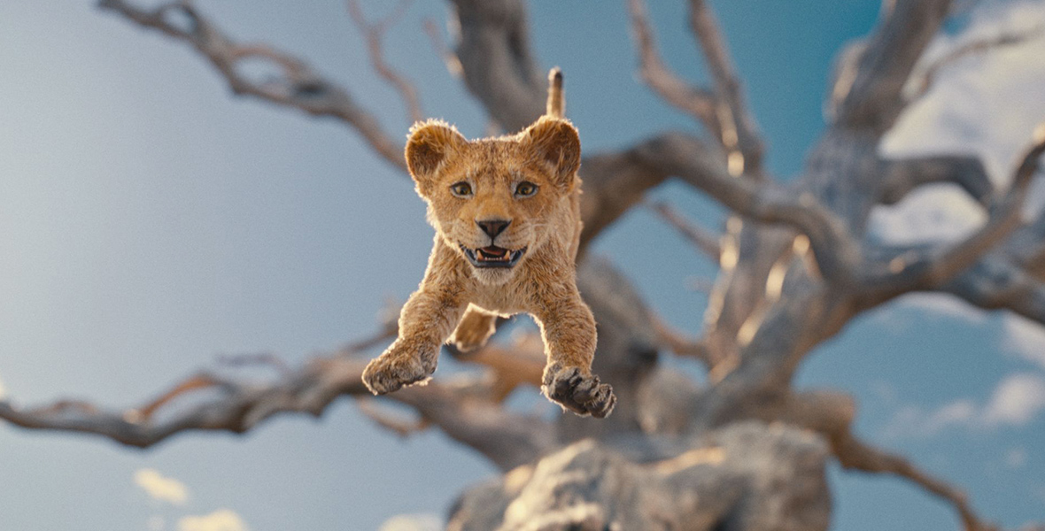 In an image from Disney’s Mufasa, a lion cub, sprung in the air, faces the camera with mouth half-open with a blue sky and large tree in the background.