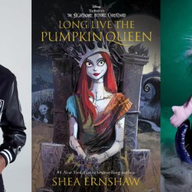 In a triptych of images, from left to right, is seen the Our Universe Disney Tim Burton’s The Nightmare Before Christmas Jack Varsity Jacket; the book Long Live the Pumpkin Queen by Shea Ernshaw; and the Disney Villains Collection: Ursula Plush
