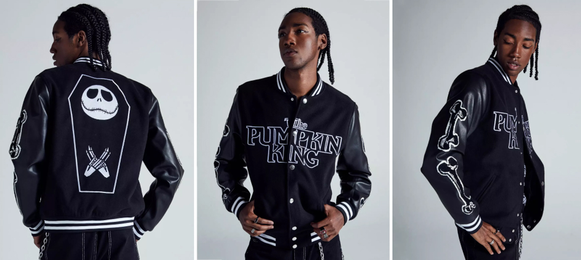 A triptych image featuring several looks at the Our Universe Disney Tim Burton’s The Nightmare Before Christmas Jack Varsity Jacket.