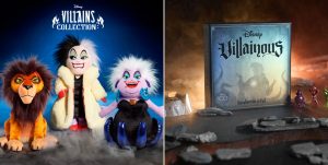On the left, an image of the Disney Villains Collection: Scar, Ursula, and Cruella De Vil Plush; on the right, the Disney Villainous Introduction to Evil (D100 Edition) game.
