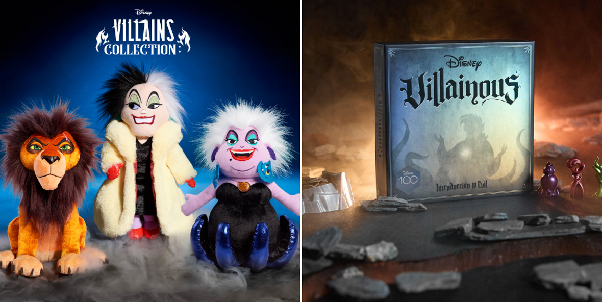 On the left, an image of the Disney Villains Collection: Scar, Ursula, and Cruella De Vil Plush; on the right, the Disney Villainous Introduction to Evil (D100 Edition) game.