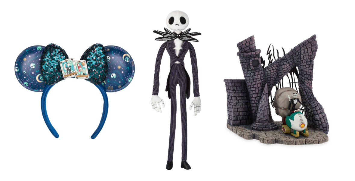 A triptych of images featuring, from left to right, a Jack Skellington and Sally Ear Headband for Adults; a Jack Skellington Plush; and a Jack Skellington figurine.