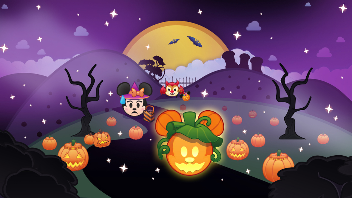 A Halloween-inspired image from Disney Emoji Blitz. A field of jack-o-lanterns and pumpkins are seen, with one Mickey jack-o-lantern in the middle. Nearby, a Minnie Mouse emoji and a Dale emoji are seen dressed up in Halloween costumes, holding trick or treat bags. There are spooky silhouetted trees around the pumpkins; to the upper right, a small graveyard can be seen, and in the back of the entire image is a large yellow moon.