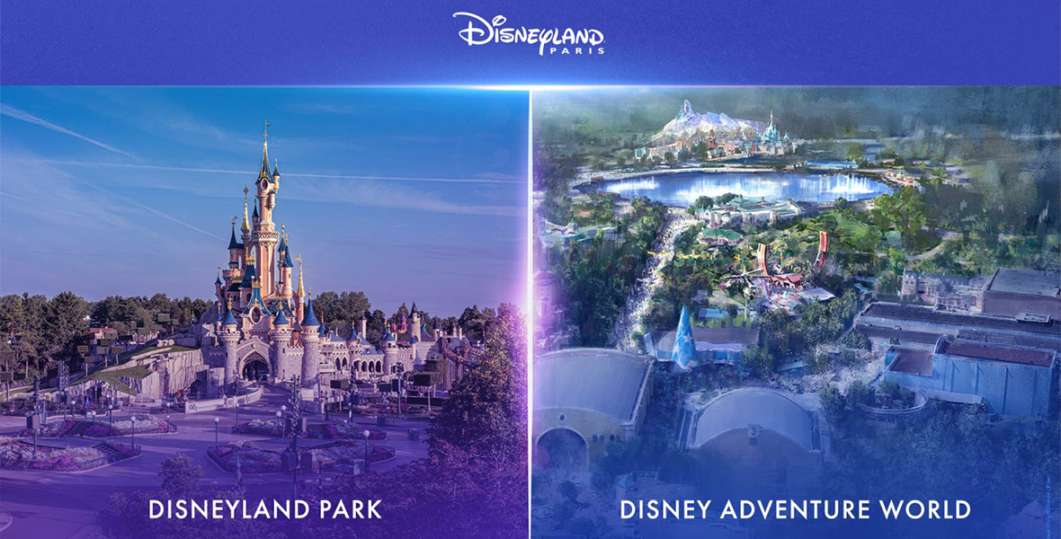 Concept Images show, from right to left, Disneyland Paris and its transformative concept for Disney Adventure World, currently known as Walt Disney Studios Park