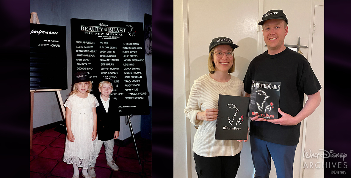 Author and her brother stand side by side holding black Beauty and the Beast programs with a silhouette of Beast holding a rose.