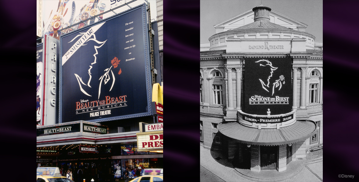 Black billboard with a silhouette of Beast holding a rose, advertising the “2nd Smash Year” of Beauty and the Beast at the Palace Theatre on Broadway. (Photographer: Joan Marcus)