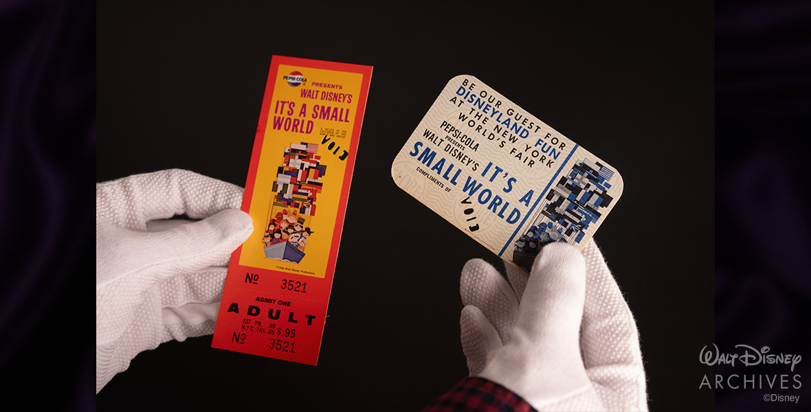 Two paper tickets for "it's a small world." The ticket on the left is an adult, paid ticket, while the ticket on the right is an adult complimentary ticket.