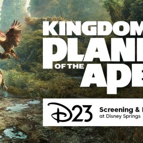 Image of key art for Kingdom of the Planet of the Apes, featuring the film logo on the right side with the name of the event. Key art depicts character Noa from the film on a horse with a cityscape behind him, reclaimed by nature and plant life. On top of the image, in bold, white letters, it reads: Kingdom of the Planet of the Apes. D23 Screening and Fan Event at Disney Springs.