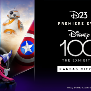 Image of Disney100: The Exhibition Key Art featuring Sorcerer Mickey Mouse with four facets behind him featuring Cinderella’s Glass Slipper, Elsa from Frozen, BB-8 from Star Wars, and Captain America’s Shield. On the right side of the graphic is the event name that reads “D23 Premiere Event. Disney 100 The Exhibition. Kansas City, MO,” with the logo for the exhibit against a dark background.