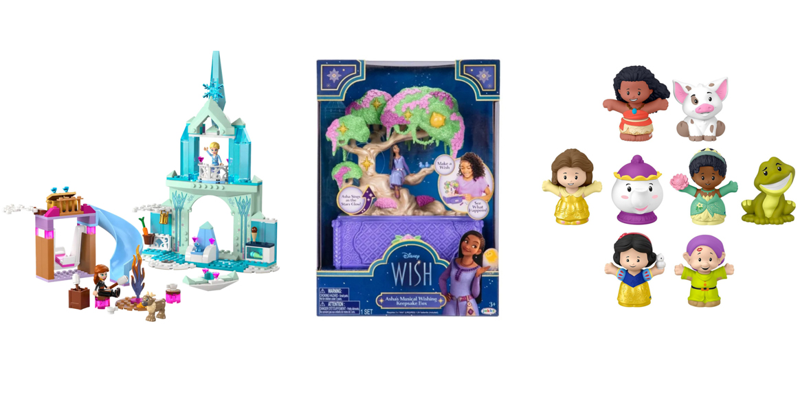 The first image in the group is a Frozen LEGO castle with accessories and minifigures. The second image in the group is a Wish keepsake box inside the packaging that features Asha. The third image is toys with different Princess characters and their friends.