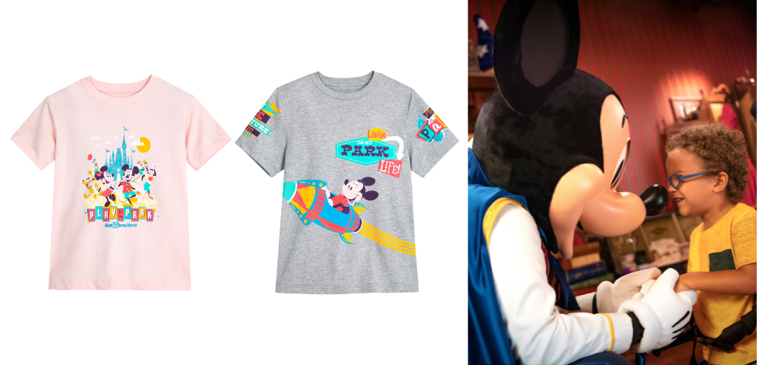 Left image shows “Mickey Mouse and Friends Play in the Park T-Shirt” from DisneyStore.com; the shirt is pink and features Mickey, Minnie Mouse, Goofy, Pluto, Daisy Duck, and Donald Duck in front of Cinderella’s Castle. Middle image shows “Mickey Mouse Play in the Park T-Shirt” from DisneyStore.com; the shirt is gray and features Mickey on an Astro Orbiter rocket ship. Right image shows a mother and son meeting Mickey Mouse; the boy, wearing glasses and a yellow shirt, is holding hands with Mickey.