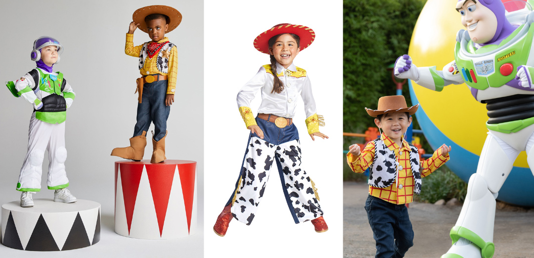Left image shows two boys, in Buzz Lightyear and Sheriff Woody costumes from the Toy Story franchise (respectively), from DisneyStore.com. Middle image shows a girl in Jessie costume from the Toy Story franchise, from DisneyStore.com. Right image shows a boy in a Sheriff Woody costume, standing with Buzz Lightyear at Toy Story Land at Walt Disney World.