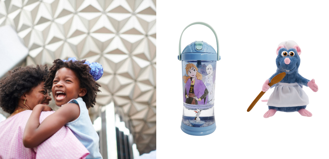 Left image shows a mother carrying her daughter in front of Spaceship Earth at EPCOT. Middle images shows a Frozen Snowglobe Tumbler from DisneyStore.com. Right image shows a Remy plush from DisneyStore.com.