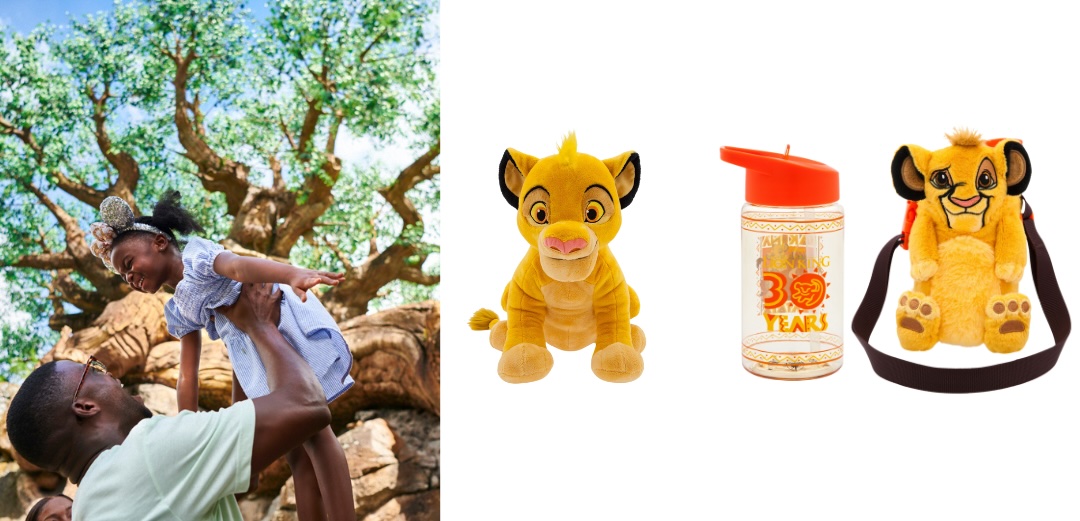 Left shows father and daughter in front of the Tree of Life. Middles shows Simba plush from DisneyStore.com. Right two images shows Simba water bottle with plush crossbody carrier from DisneyStore.com