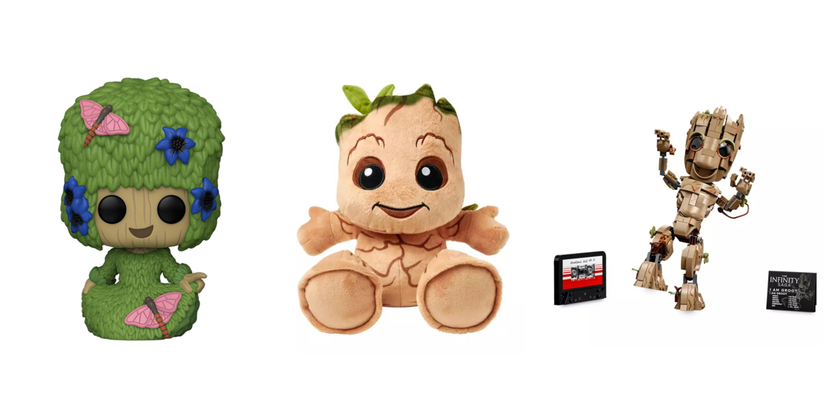 A triptych of images featuring Groot products: First, a Groot Funko toy with leaves on him; second, a Groot big foot plush toy; and third, a LEGO Groot set with a cassette tape.