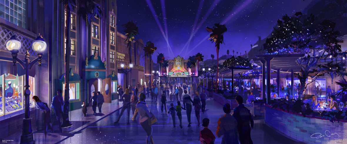 Transformations at the second park at Disneyland Paris to begin this month include revamping the entrance area to immerse guests in the brand-new story as soon as they enter, as seen in this concept image featuring a glowing neon marquee reading “Disney Theater World Premieres” amid an expansive promenade.