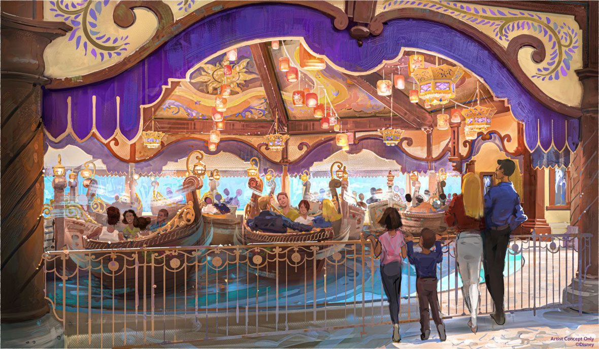A concept image shows the all-new family attraction Raiponce Tangled Spin. Guests awaiting their turn stand watching guests enjoy spinning amid canoe-shaped ride vehicles as twinkling lanterns glow above the enclosed outdoor attraction.