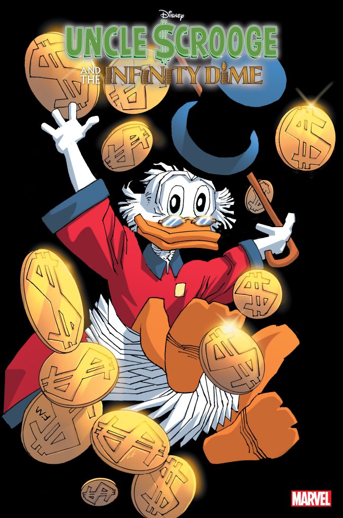 A variant cover for Uncle $crooge and The Infinity Dime #1, featuring a sketch-style illustration of Uncle Scrooge falling through darkness, his hat flying off his head and arms in the air. Gold coins are falling through space along with him.