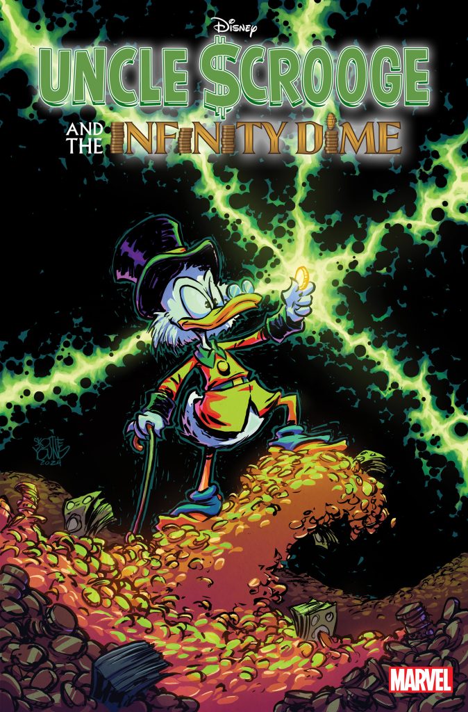 A variant cover for Uncle $crooge and The Infinity Dime #1, featuring Scrooge McDuck standing on a pile of coins in his money bin. He holds up a coin in his left hand, and beams of green light are shooting out from the coin into the darkness surrounding them.