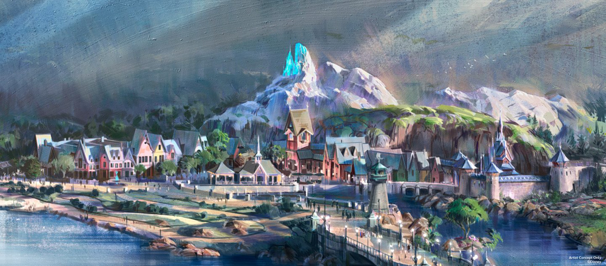 Concept art for World of Frozen at the newly imagined Disney Adventure World showcases the village of Arendelle with its colorful facades and remarkable North Mountain as it gradually comes into view.